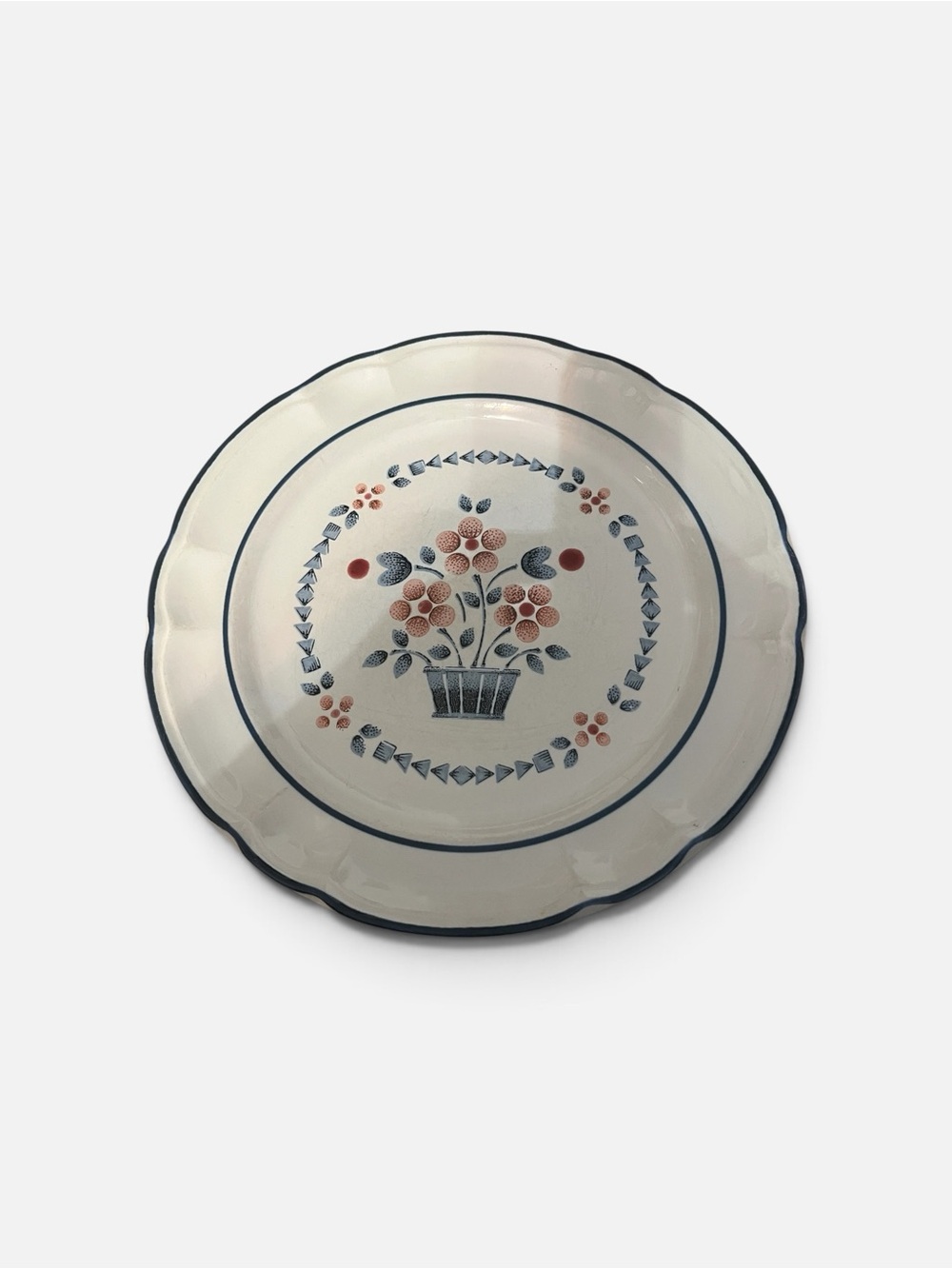Cream Floral Dinner Plate with Blue Trim and Coral Accents